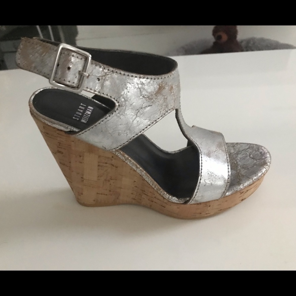 Stuart Weitzman Silver Leather Open Toe Cork Wedge Slingback Sandals Size 37